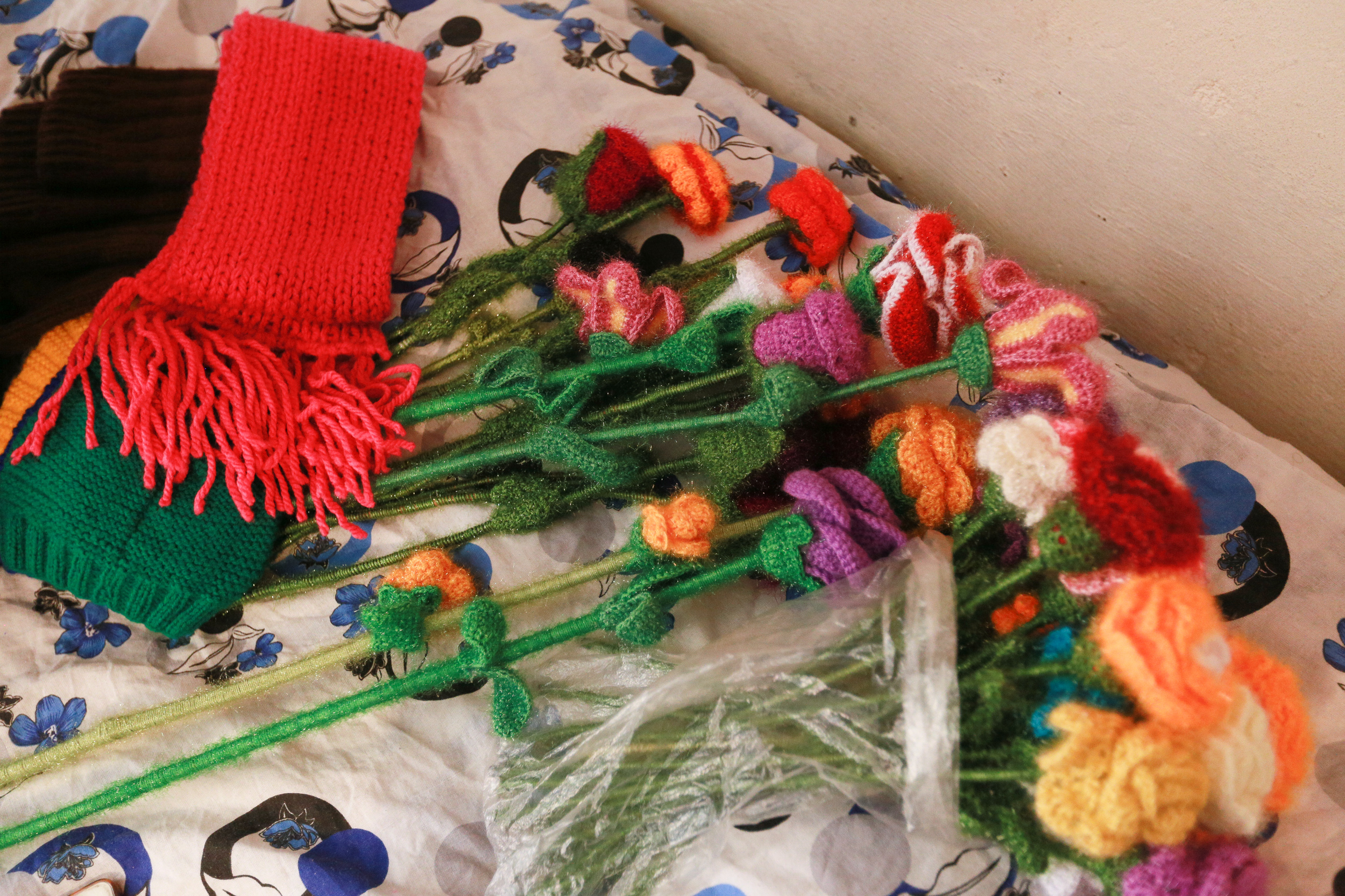 Elchin knits about 2 – 3 flowers per day